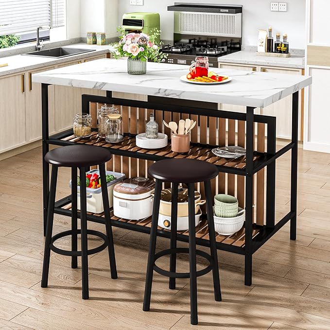 DKLGG Kitchen Island with Stools & Storage, Modern Dining Table Set for 2, 3 Piece Kitchen & Dining Room Sets Island Table for Small Space, Apartment, Home Bar, White