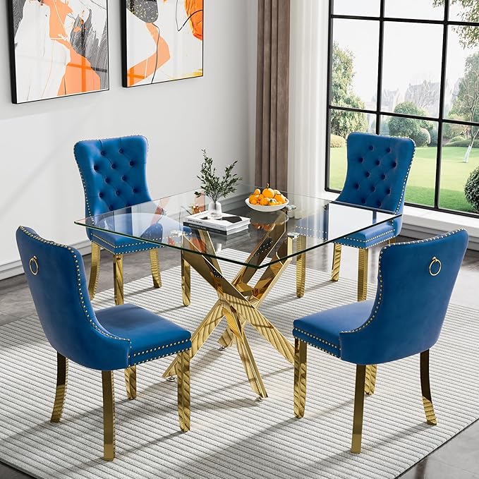 Square Glass Dining Table,Glass Dining Room Table with Metal Legs, Modern Kitchen Table for Home, Kitchen, Dining Room