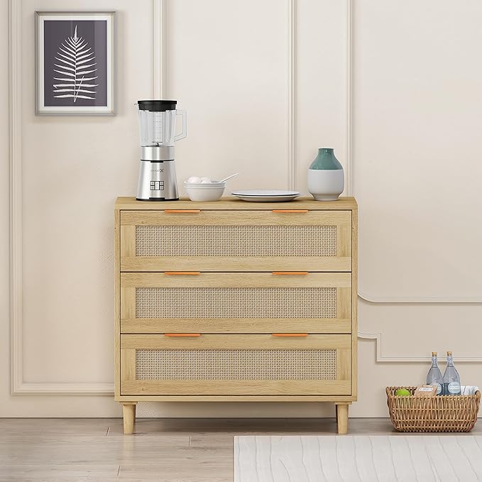 GDFStudio 31.5" Rattan Storage Cabinet with 3 Drawers, Modern Farmhouse Sideboard Buffet Cabinet, Wood Credenza Console Table for Living Room Dining Room Kitchen Hallway, Easy Assembly, Oak