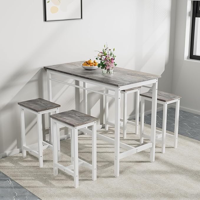 5-Piece Bar Height Table and Chairs Set – Modern Kitchen Table with 4 Bar Stools, Compact Dining Table Chairs Set,Perfect for Kitchen Island with Seating,Dining Table with Chairs (Grey)