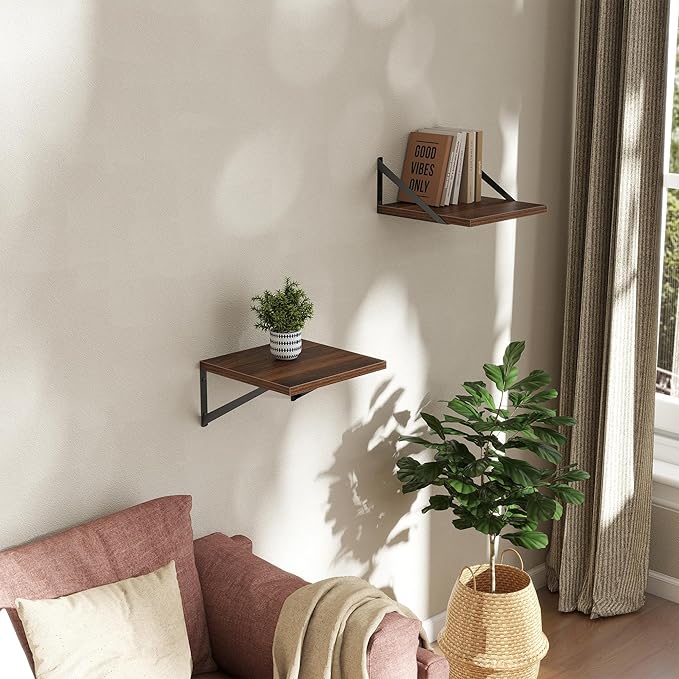 Acovy Deep Floating Shelves Wall Mounted, 12"x12" Walnut Wall Shelves with Brackets Set of 2 for Bedroom, Living Room, Bathroom, Kitchen, Office - Storage & Display Shelf for Decor, Books, Plants