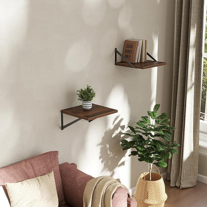 Acovy Deep Floating Shelves Wall Mounted, 12"x12" Walnut Wall Shelves with Brackets Set of 2 for Bedroom, Living Room, Bathroom, Kitchen, Office - Storage & Display Shelf for Decor, Books, Plants