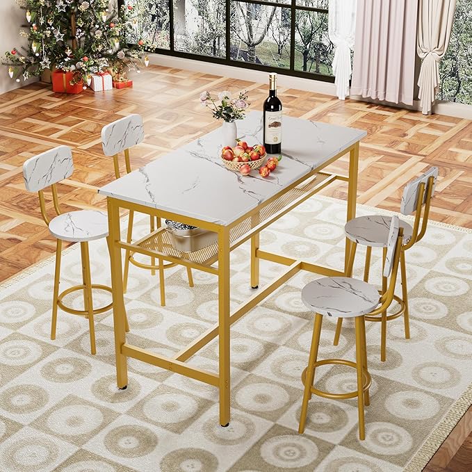 5-Piece Bar Height Table and Chairs Set – Modern Kitchen Table with 4 Bar Stools,Compact Dining Table Chairs Set,Bar Table and Chairs Set for Kitchen Island Seating & Dining Room (White+Gold)