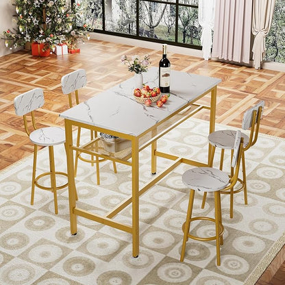 5-Piece Bar Height Table and Chairs Set – Modern Kitchen Table with 4 Bar Stools,Compact Dining Table Chairs Set,Bar Table and Chairs Set for Kitchen Island Seating & Dining Room (White+Gold)