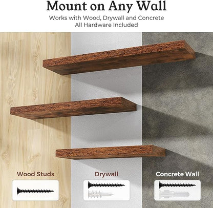 Floating Shelves for Wall, 9.3" Deep Wall Mounted Wood Shelves for Bathroom, Bedroom, Living Room, Kitchen, Hanging Shelf for Books/Storage/Room Decor (Brown, 24")