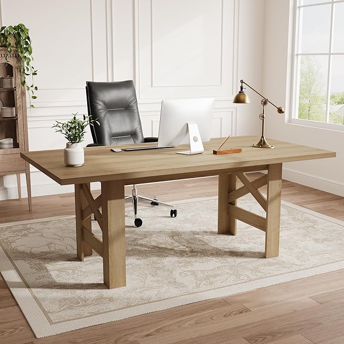 IDEALHOUSE 71" Long Dining Table for 6-8, Farmhouse Wooden Barn Kitchen Table for 6, Triangular Legs, Large Dining Room Table w/Thickened Tabletop, Sturdy Frame, for Dinner, Kitchen, Office, Natural