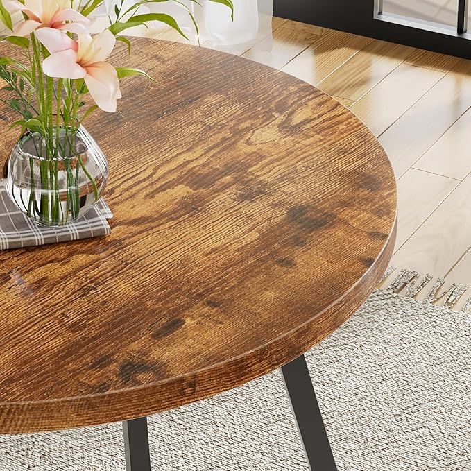 VECELO 35" Round Dining Table for 4, Wood-Grain Tabletop & Heavy-Duty Steel Frame, for Kitchen, Living Room, Easy Assembly, Antique Brown