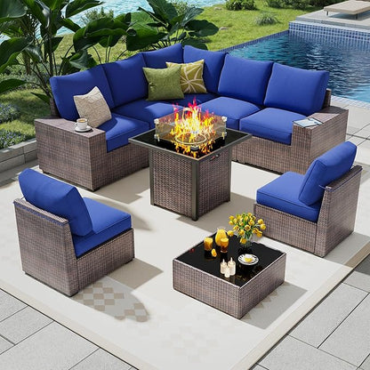 9 Piece Outdoor Patio Furniture Set with 28'' Fire Pit Table, Outdoor Sectional Furniture, Rattan & Wicker Modern Modular Conversation Set Sofa Couch W/Water Resistant Thick Cushions, Brown/Blue