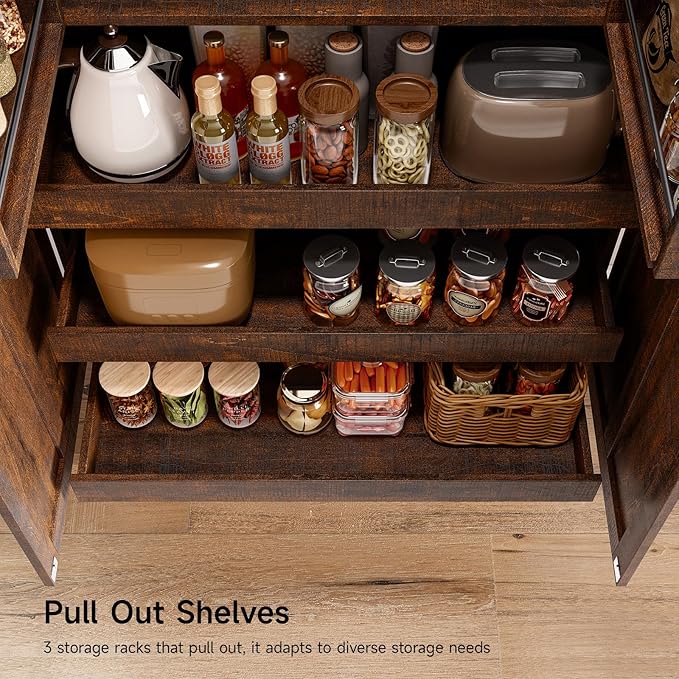 ONBRILL 71" Tall Farmhouse Kitchen Pantry Cabinet with 3 Pull Out Shelves & 2 Large Drawers, Pantry Storage Cabinet with 6 Door Shelf & Adjustable Shelf, Freestanding Cupboard for Kitchen, Dining Room