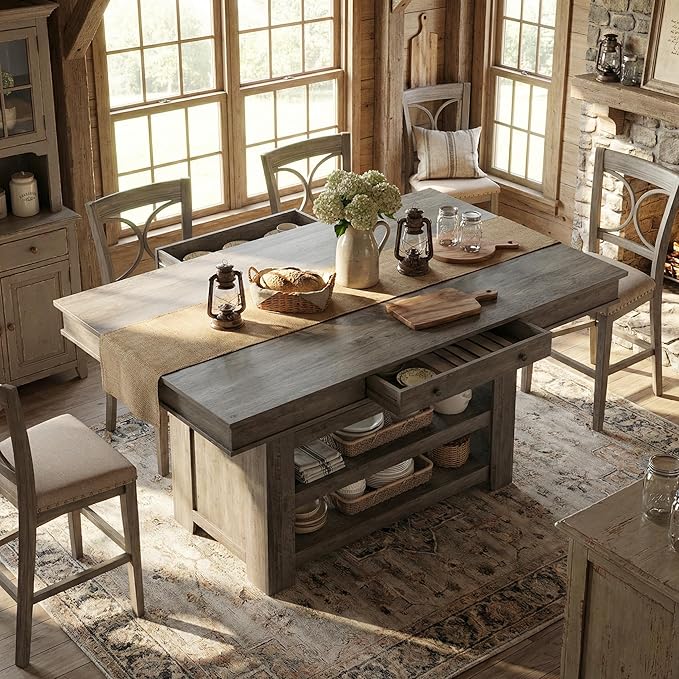 Garvee Counter Height Dining Table with 2 Drawers, 36" Farmhouse Wooden Large Bar Kitchen Table with Wine Rack & 3 Shelves, Rectangular, Thick Frame for Kitchen, Bar & Entertaining, Retro Gray