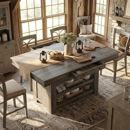Garvee Counter Height Dining Table with 2 Drawers, 36" Farmhouse Wooden Large Bar Kitchen Table with Wine Rack & 3 Shelves, Rectangular, Thick Frame for Kitchen, Bar & Entertaining, Retro Gray