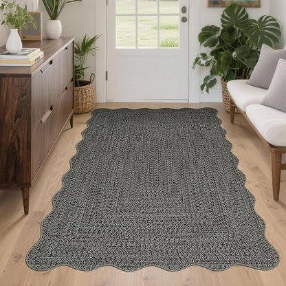 Imitation Braided Collection-Print Washable Area Rug 4x6 Scalloped Entryway Rug with Non Slip Rubber Backing, Farmhouse Soft Low Pile Rustic Accent Rug for Living Room Bedroom Dining Room