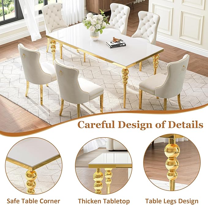 7 Piece Glass Dining Table Set, Modern 70 Inch Gold Rectangular Glass Kitchen Table, 6 Beige Exquisite Velvet Cushion Chairs for Living Room, Restaurant (White-Top)