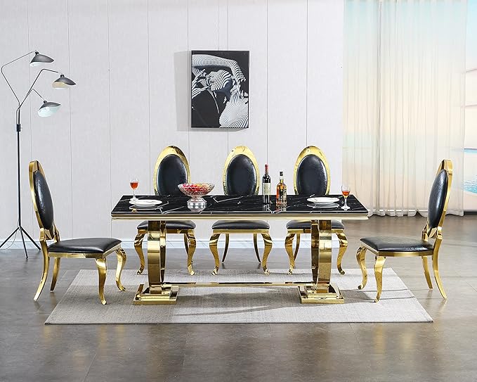 Black Marble Dining Table for 4 6, 70" Dining Room Table with Gold Stainless Steel Frame, Modern Kitchen & Dining Room Tables Rectangle Faux Marble Dinning Dinner Table for 4 6