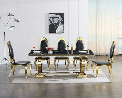 Black Marble Dining Table for 4 6, 70" Dining Room Table with Gold Stainless Steel Frame, Modern Kitchen & Dining Room Tables Rectangle Faux Marble Dinning Dinner Table for 4 6