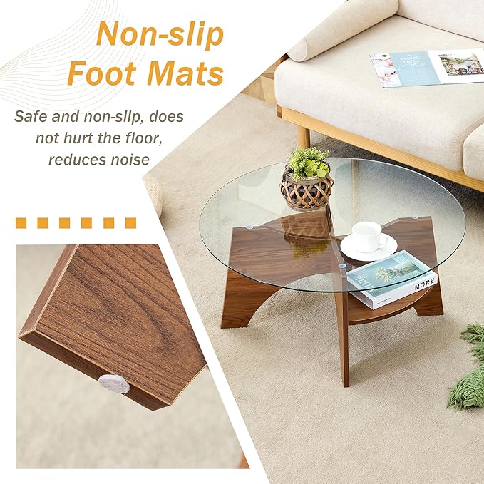 Round Coffee Tables, 31.5" Simple Glass Coffee Table with Tempered Glass Top and MDF Base, Diagonal Fan-Shaped Tray Design Table Leg Modern Center Table for Living Room Walnut