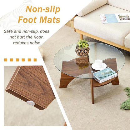 Round Coffee Tables, 31.5" Simple Glass Coffee Table with Tempered Glass Top and MDF Base, Diagonal Fan-Shaped Tray Design Table Leg Modern Center Table for Living Room Walnut