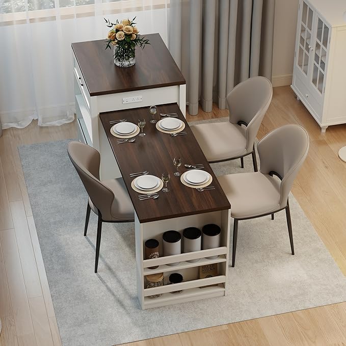 KEIKI 83.1" Kitchen Island with Extendable Dining Table, Storage Drawers Racks & Power Outlet for 2-6 Person, Kitchen Island Slide Out Dining Table with Tempered Glass Doors Cabinet for Dining Room
