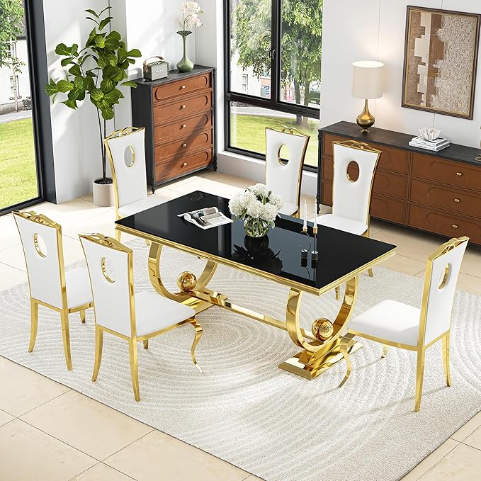 7-Piece Modern Luxury Dining Table Set, 70" Black Tempered Glass Kitchen Table with Gold Polished Stainless Steel U-Shaped Pedestal Base and 6 White Hollow-Out Design Chairs for Dining Room, Office