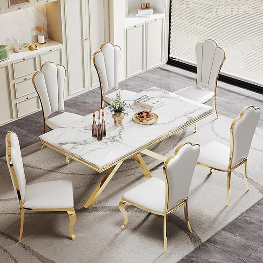 Modern Dining Table for 6-8, 68 Inch White Marble Kitchen Table with Gold Mirrored Stainless Steel X-Base, Luxurious Rectangular Faux Marble Dining Room Table for Dining Room,Living Room(No Chairs)