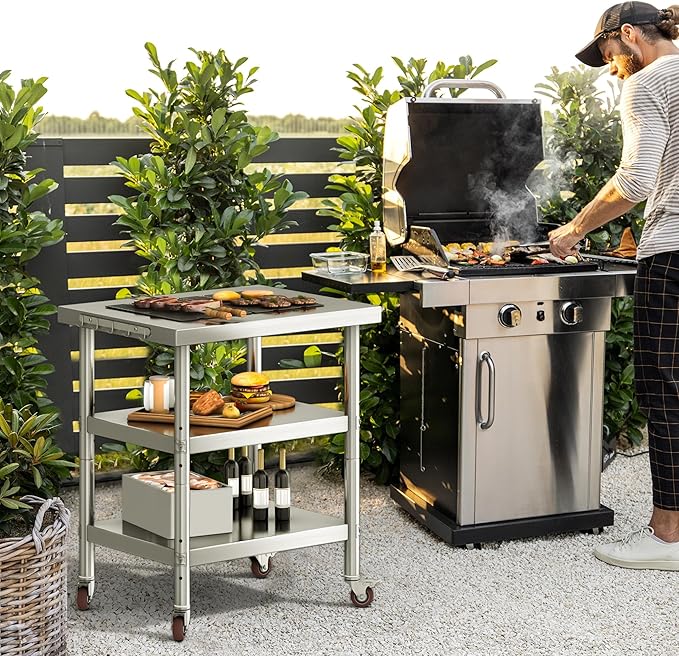 YITAHOME NSF Stainless Steel Table, 30" X 24" Work Table with Wheels, 3 Shelves Metal Table Prep Table for Home Kitchen Restaurant Garage Warehouse Outdoor