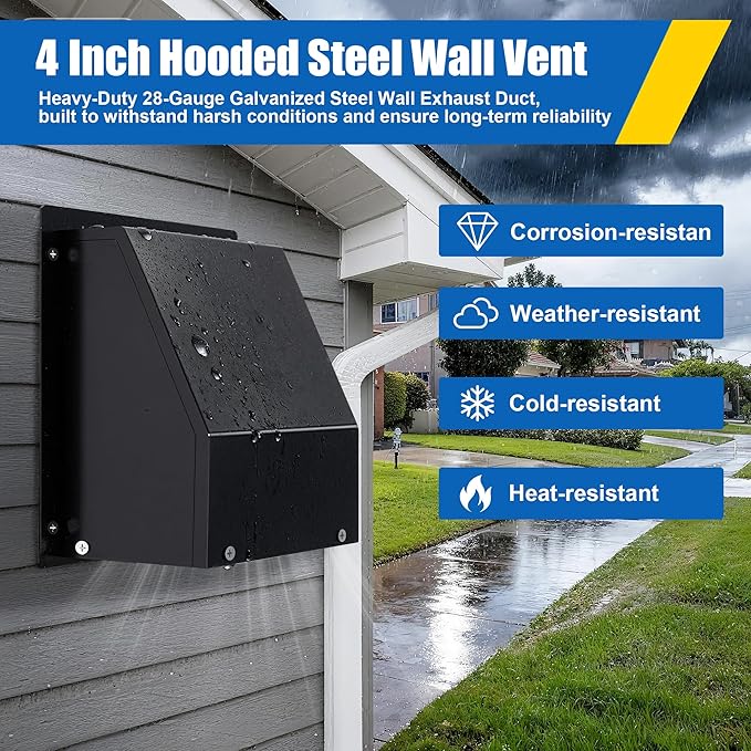 4 Inch Dryer Vent Cover Outside, Hooded Wall Vent with Screen and Damper, Galvanized Steel Exhaust Vent Cover Cap External Extractor for Dryer Duct, HVAC, Bathroom, Laundry, Kitchen, Black