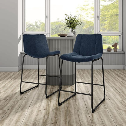 Furniture of America Veradis Modern Bentwood Counter Height Dining Chairs Set of 2, Chenille Fabric Bar Stool with Back and Metal Frame, Upholstered Seating for Kitchen, Living Room, Blue, 35 inch