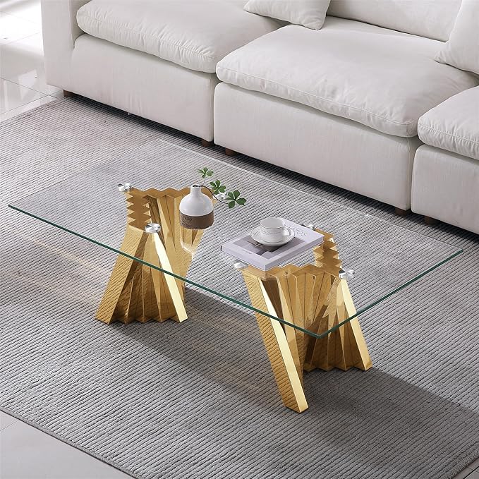 AF ARTISAN FURNITURE Glass Coffee Table, 51 Inch Rectangular Tempered Glass Coffee Table with Stainless Steel Legs, Central Table Cocktail Table Tea Table for Living Room Office, Gold