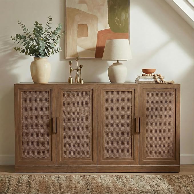 Casaphoria Adam Sideboard Buffet Cabinet with Storage, Sideboard Cabinet with Rattan Doors & Adjustable Shelves, 62" W x 31" H Coffee Bar for Entryway Kitchen Living Room, Walnut