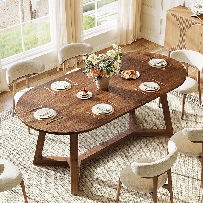 Solid Wood Oval Dining Table for 4-6, 63-Inch Wooden Farmhouse Kitchen Table with Sturdy Tapered Legs for Living Room, Dining Room,Office (Rustic Brown)