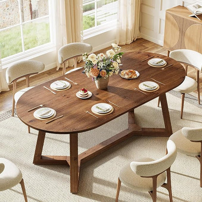 Solid Wood Oval Dining Table for 4-6, 63-Inch Wooden Farmhouse Kitchen Table with Sturdy Tapered Legs for Living Room, Dining Room,Office (Rustic Brown)