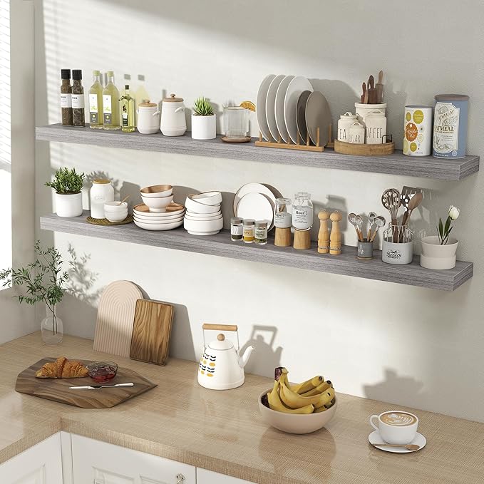 Acovy 55 Inch Floating Shelves for Wall 2 Pack, 55" Wall Shelves for Books, Storage, Decor, Wall Mounted Floating Shelf with Invisible Brackets for Kitchen, Living Room, Gray