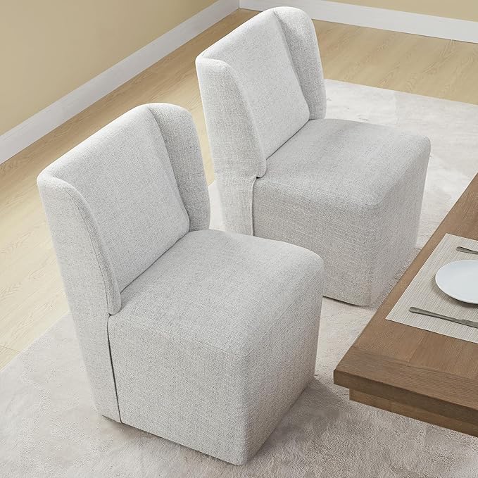 KISLOT Upholstered Dining Chairs Set of 2 with Casters, Wingback Modern Side Armless Deskchair with Rollers for Diningroom Bedroom Livingroom Reading Room, Pale Gray Fabric