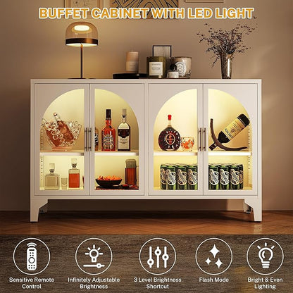 Foreate Arched Sideboard Buffet Cabinet with Storage & LED Light, 53.2" Large Buffet Cabinet with 4 Glass Door & Adjustable Shelf, Modern Farmhouse Sideboard Credenzas Metal Kitchen Buffet, White
