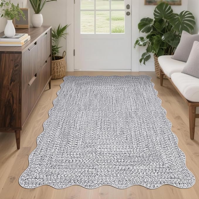 Imitation Braided Collection-Print 4x6 Rug Washable Area Rug Bedroom Rugs with Non Slip Rubber Backing, Farmhouse Soft Low Pile Rustic Accent Rug for Entrance Living Room Home Decor