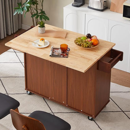 Modern Dining Table Expandable Kitchen Island with Drop Countertop Cabinet Tower Rack Rolling Cart Wheels Wood Console,Brown
