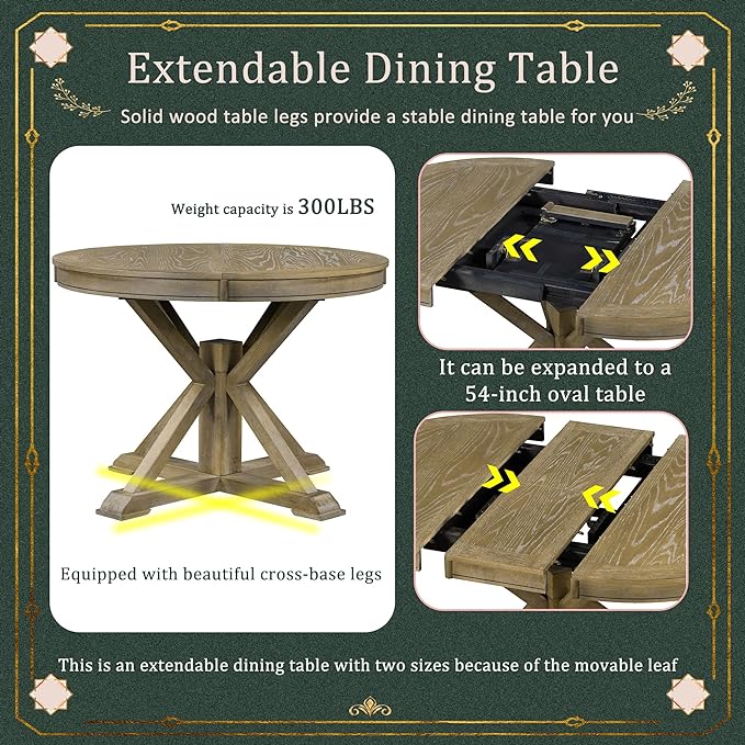 Ball & Cast Farmhouse Extendable Dining Table for 4-6, 42"-54" Extendable Kitchen-Table with a 12" Leaf, Round Ellipse Retro Wood Dining Room-Table w/Removable Leaves,Space Saving, Natural