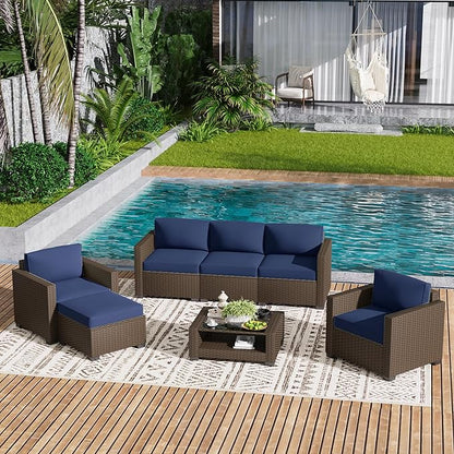 LOUVIXA 7 Piece Outdoor Patio Furniture Set, Rattan Chairs Glass Table Wicker Conversation Seating Sectional Sofa with Cushions (Brown-Navy, 7Pcs-2 Layer Coffee Table)