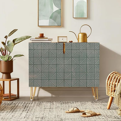 SIGNWIN Sideboard Buffet Cabinet, Kitchen Storage Cabinet with 2 Doors, Black Gray Geometric Square Pattern, Cupboard Console Table for Dining Room - 35" L x 18" W x 29" H