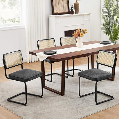 Zesthouse Rattan Dining Chairs Set of 2, Mid Century Modern Dining Room Chairs with Natural Cane Mesh & Black Metal Base, Ceaca Kitchen Chair with Upholstered Linen Fabric Cushion, Dark Grey