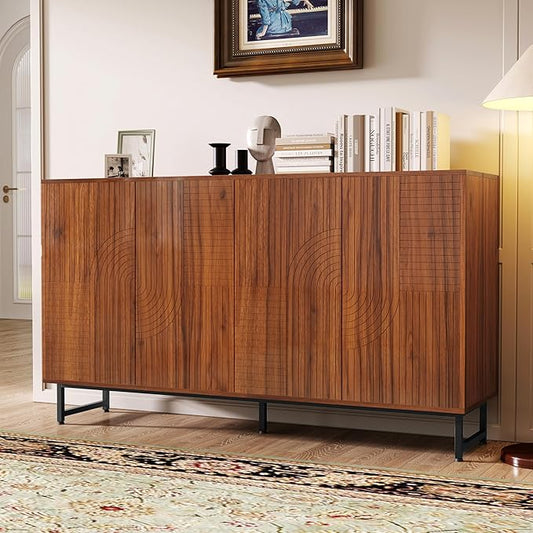 PVWIIK Mid-Century Modern Walnut Sideboard Buffet Cabinet, 59 * 16 * 33 inches Geometric Carved Storage Cabinet with Metal Legs, Multi-Purpose Credenza for Living Room, Dining Room, Entryway