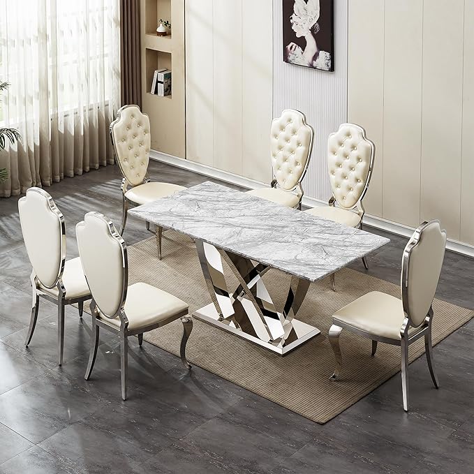 70" Faux Marble Dining Table for 6-8 People, Modern Rectangular Kitchen Table with Gold Mirror Finish Stainless Steel Base, Large Dining Room Table (Silver + Grey, Type2 + 70" Rectangle)