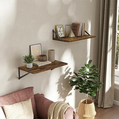 Acovy Deep Floating Shelves Wall Mounted, 24"x12" Brown Wood Shelves with Brackets Set of 2 for Bedroom, Living Room, Bathroom, Kitchen, Office - Storage & Display Shelf for Decor, Books, Plants