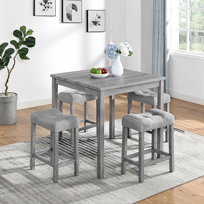 KEIKI 5 Piece Industrial Dining Table Set with 4 Upholstered Bar Stools, Counter Height Kitchen Table and Chairs Set, Space-Saving Breakfast Table Set for Dining Room, Living Room, Apartment, Gray