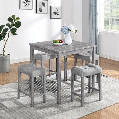 KEIKI 5 Piece Industrial Dining Table Set with 4 Upholstered Bar Stools, Counter Height Kitchen Table and Chairs Set, Space-Saving Breakfast Table Set for Dining Room, Living Room, Apartment, Gray