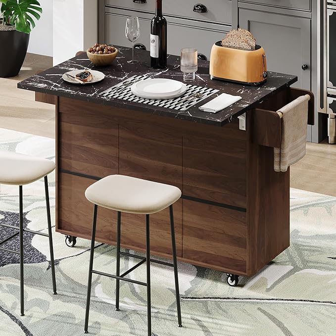 RUNNA Kitchen Island with Trash Can Storage Cabinet, Kitchen Cart with Drop Leaf, Spice Rack, Towel Rack and Drawer, Rolling Kitchen Island on Wheels with Adjustable Shelf (Walnut Brown~81)