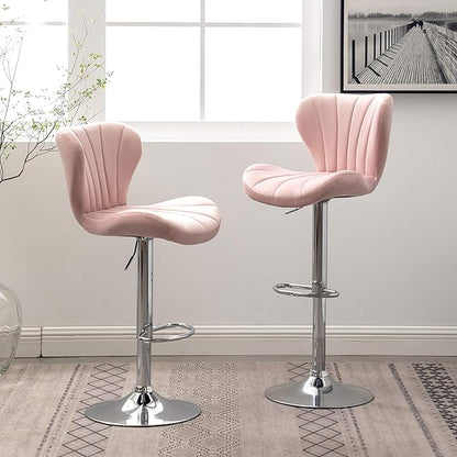 Roundhill Furniture Ellston Velvet Adjustable Swivel Barstools in Pink, Set of 2