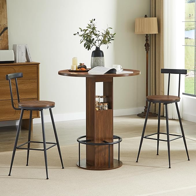 SOFTSEA 3 Pieces Round Bar Table and Chairs Set for 2, Metal Dining Table Set with Storage, Small Round Kitchen Table with 2 Chairs, Save Space, Walnut