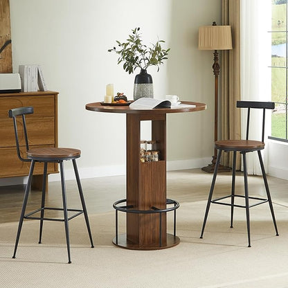 SOFTSEA 3 Pieces Round Bar Table and Chairs Set for 2, Metal Dining Table Set with Storage, Small Round Kitchen Table with 2 Chairs, Save Space, Walnut