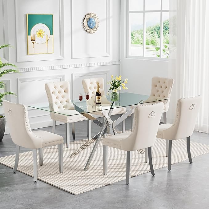 Silver Glass Dining Table for 6 Modern 60.6" Rectangular Kitchen Dining Room Table for 4-6 with X-Shape Metal Base Large Clear Glass Top Dining Tables for Home Kitchen